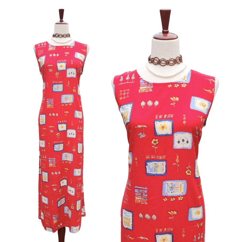 Vintage 90s Maxi Dress Size L Red Cottagecore Grunge Indie Fairy‎